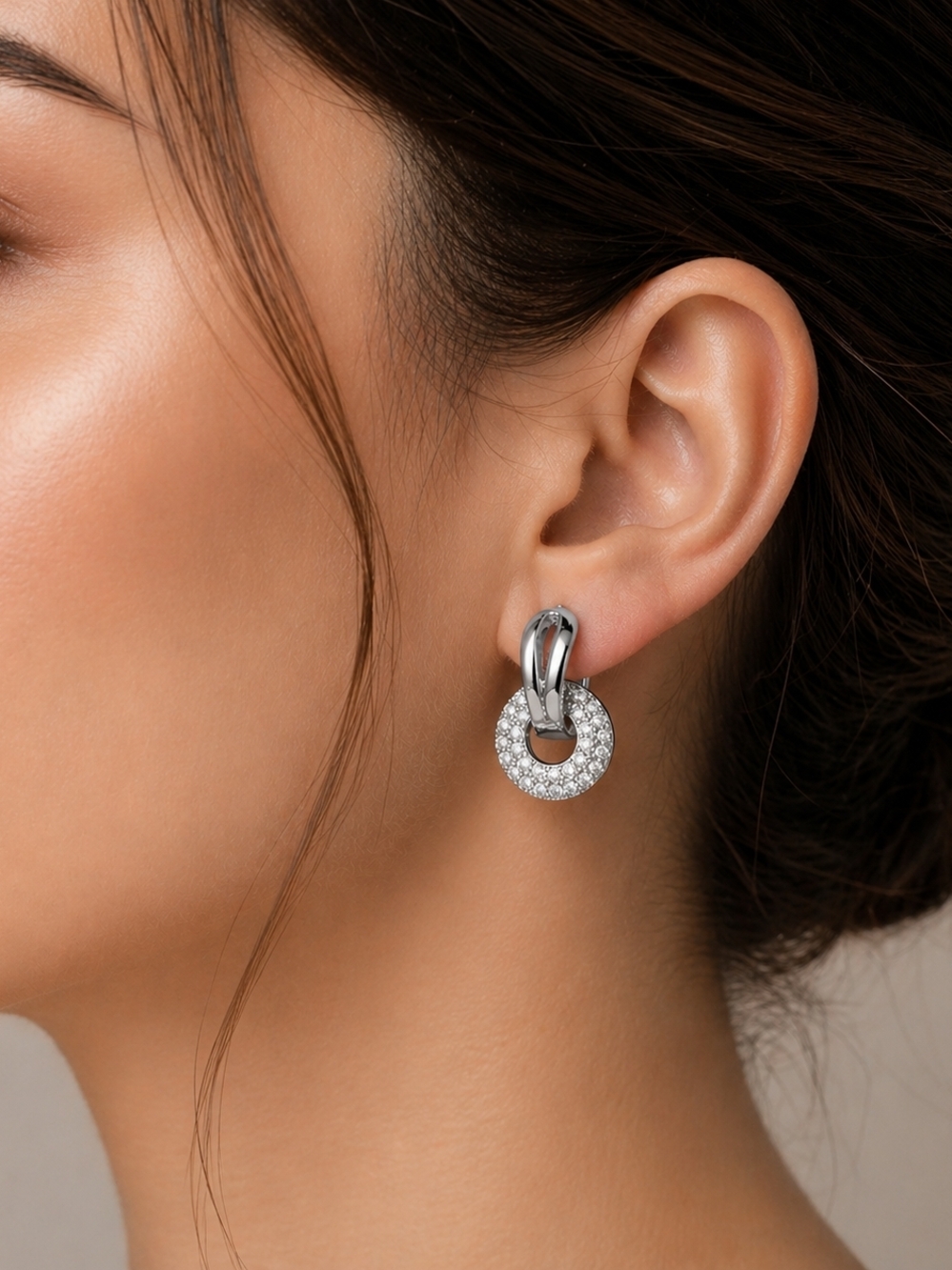 Silver Crystal Pave Loop Drop Earrings - Picture 2 of 3